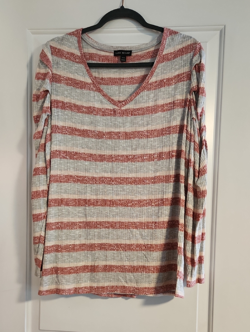 Lane Bryant Cream and Rust Striped V-Neck Long Sleeve Top
